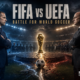 Cinematic FIFA vs UEFA confrontation with rival soccer executives facing off across a fractured pitch as global federation delegates gather around the World Cup trophy.
