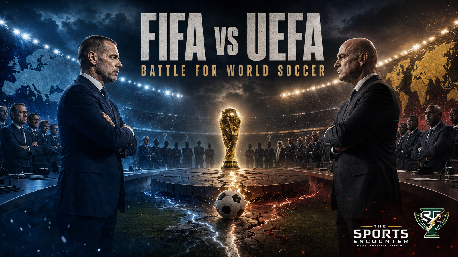Cinematic FIFA vs UEFA confrontation with rival soccer executives facing off across a fractured pitch as global federation delegates gather around the World Cup trophy.