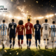 Back view of the 11 players selected in the fan-voted FIFA World Cup 2026 Dream Team walking toward the trophy under stadium lights.