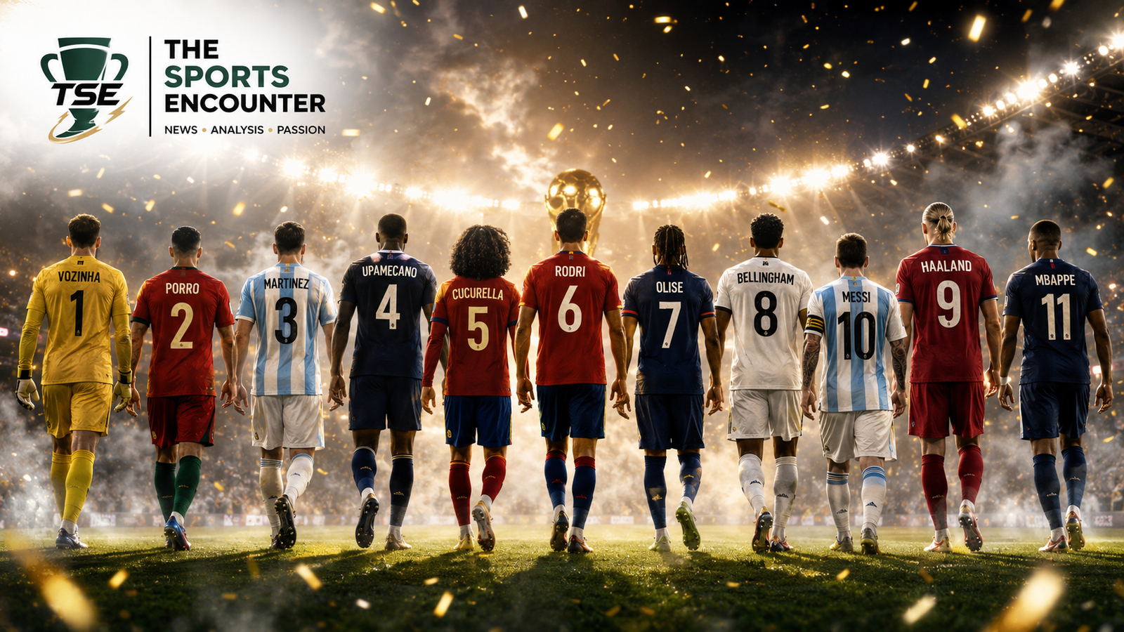 Back view of the 11 players selected in the fan-voted FIFA World Cup 2026 Dream Team walking toward the trophy under stadium lights.