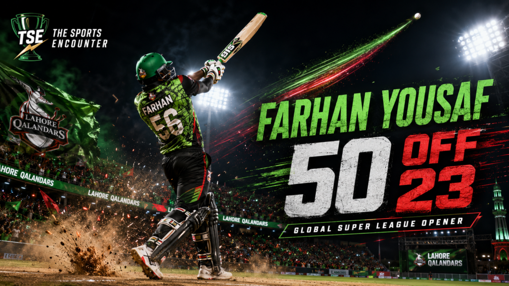 Farhan Yousaf, shown as a helmeted Lahore Qalandars batter, smashes a six under stadium lights during the Global Super League 2026 opener.