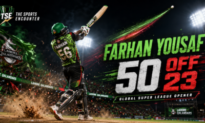 Farhan Yousaf, shown as a helmeted Lahore Qalandars batter, smashes a six under stadium lights during the Global Super League 2026 opener.