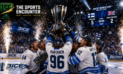 3ICE Finland players celebrate with the championship trophy after winning the inaugural 3ICE World Cup in Belfast.
