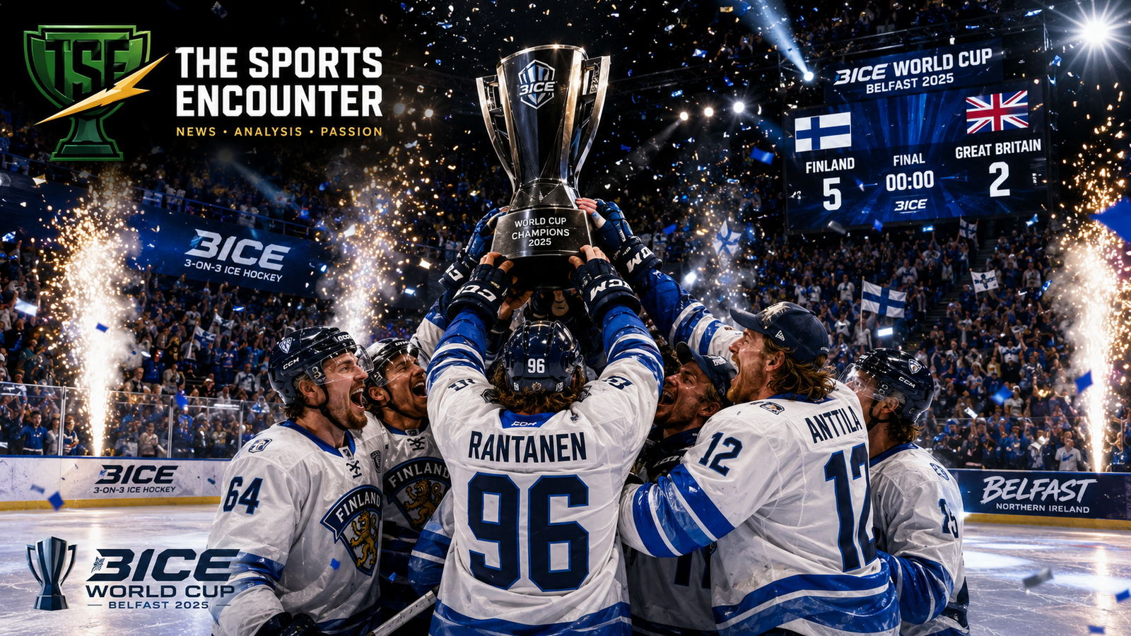 3ICE Finland players celebrate with the championship trophy after winning the inaugural 3ICE World Cup in Belfast.