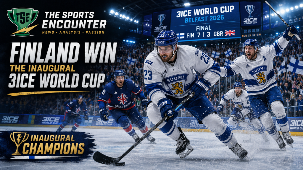 3ICE Finland players attack at speed against Great Britain during the 3ICE World Cup final in Belfast, celebrating their inaugural championship win.