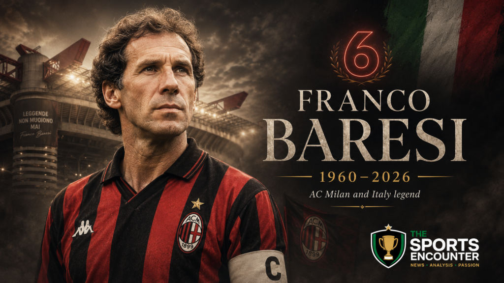 Franco Baresi stands in AC Milan’s red-and-black captain’s shirt outside San Siro in a memorial tribute marking the legendary Italian defender’s life from 1960 to 2026.
