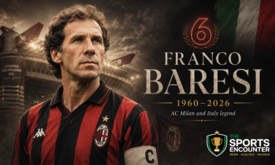 Franco Baresi stands in AC Milan’s red-and-black captain’s shirt outside San Siro in a memorial tribute marking the legendary Italian defender’s life from 1960 to 2026.