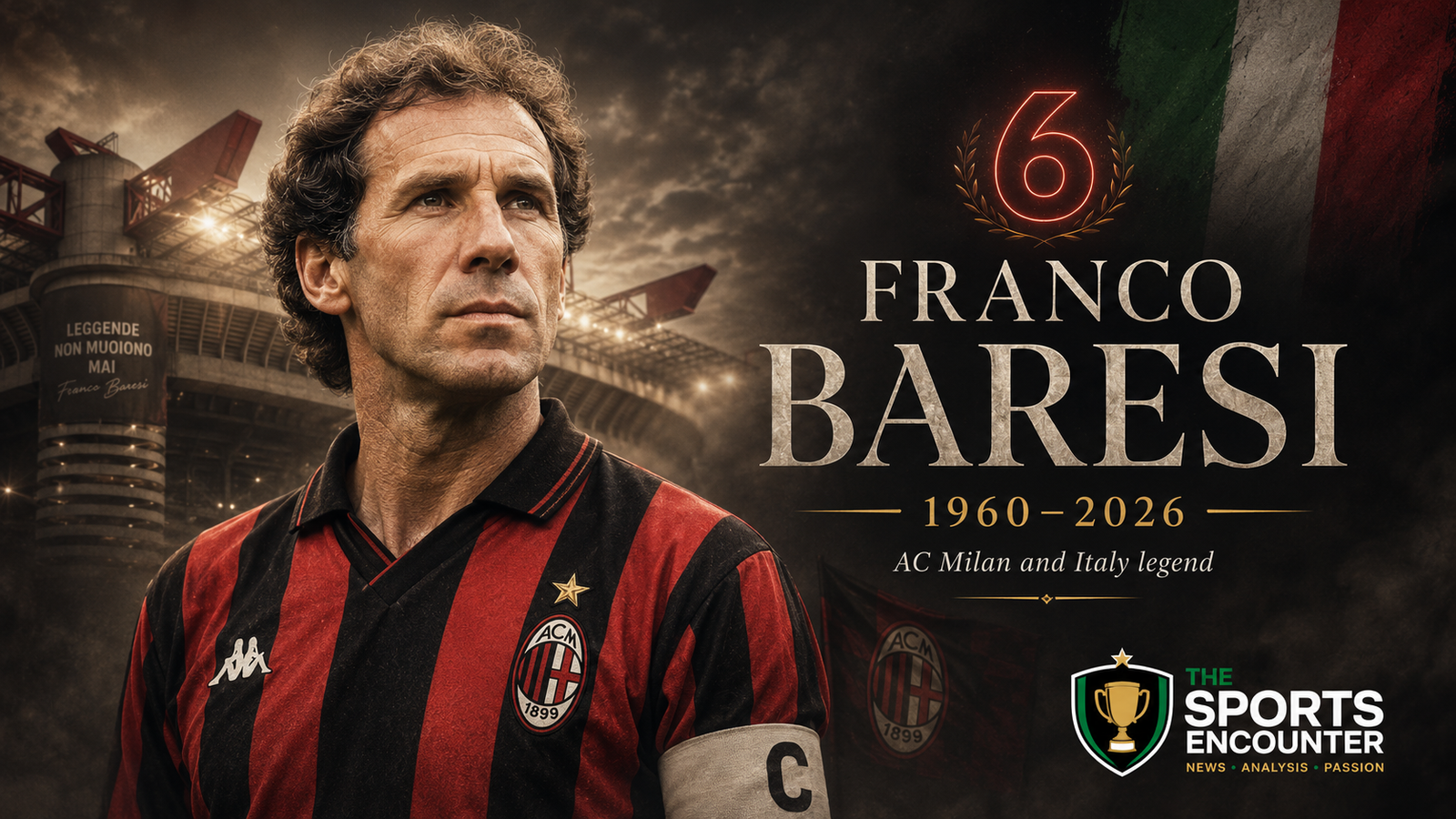 Franco Baresi stands in AC Milan’s red-and-black captain’s shirt outside San Siro in a memorial tribute marking the legendary Italian defender’s life from 1960 to 2026.