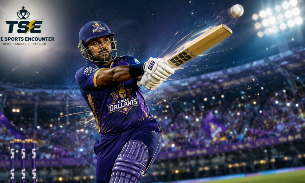 Charith Asalanka launches the ball for six in Galle Gallants colors during the 2026 Lanka Premier League opener, with stadium lights and The Sports Encounter logo.