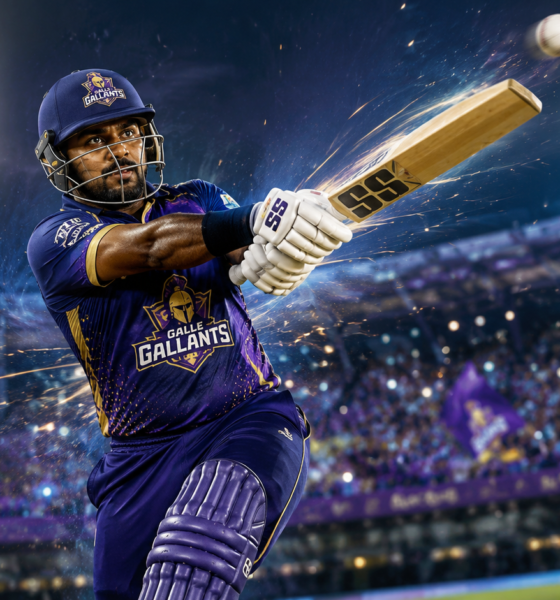 Charith Asalanka launches the ball for six in Galle Gallants colors during the 2026 Lanka Premier League opener, with stadium lights and The Sports Encounter logo.