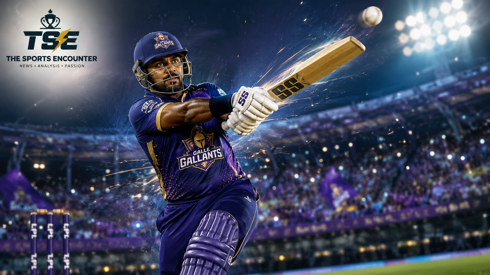 Charith Asalanka launches the ball for six in Galle Gallants colors during the 2026 Lanka Premier League opener, with stadium lights and The Sports Encounter logo.