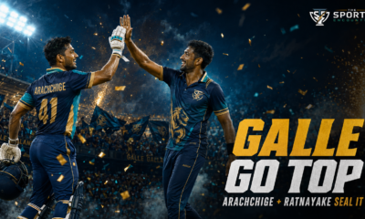 Sahan Arachchige and Tharindu Ratnayake share a high five under stadium lights after leading Galle Gallants to victory over Jaffna Kings in LPL 2026.