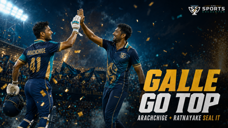 Sahan Arachchige and Tharindu Ratnayake share a high five under stadium lights after leading Galle Gallants to victory over Jaffna Kings in LPL 2026.