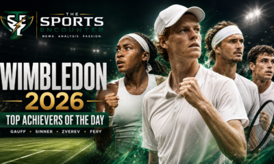Wimbledon 2026 featured image showing Coco Gauff, Jannik Sinner, Alexander Zverev, and Arthur Fery as top achievers of the day with The Sports Encounter logo.