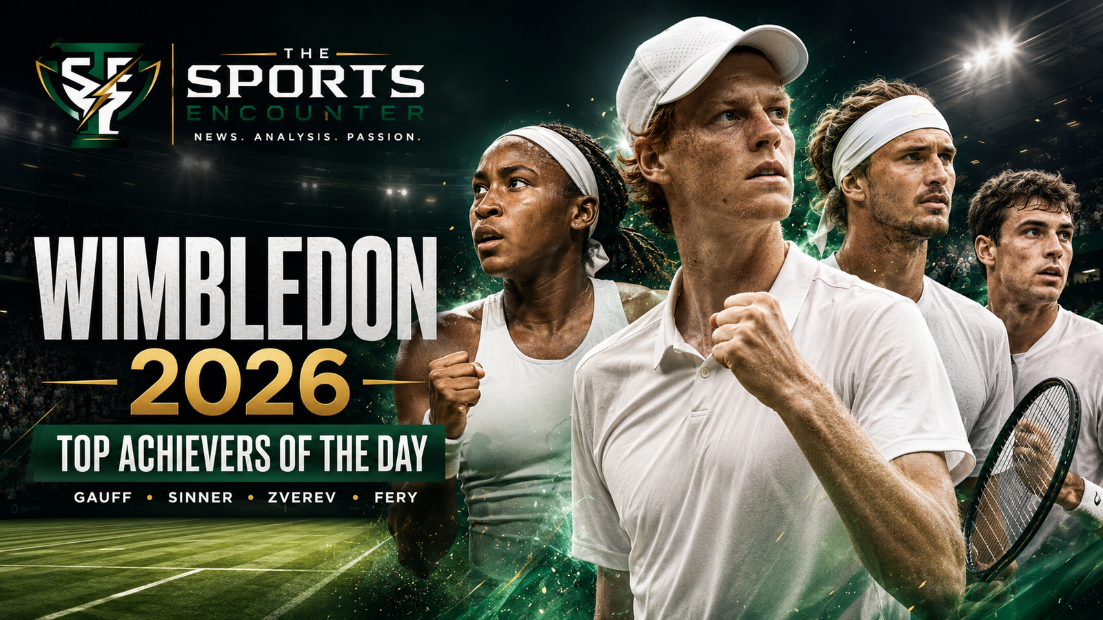 Wimbledon 2026 featured image showing Coco Gauff, Jannik Sinner, Alexander Zverev, and Arthur Fery as top achievers of the day with The Sports Encounter logo.
