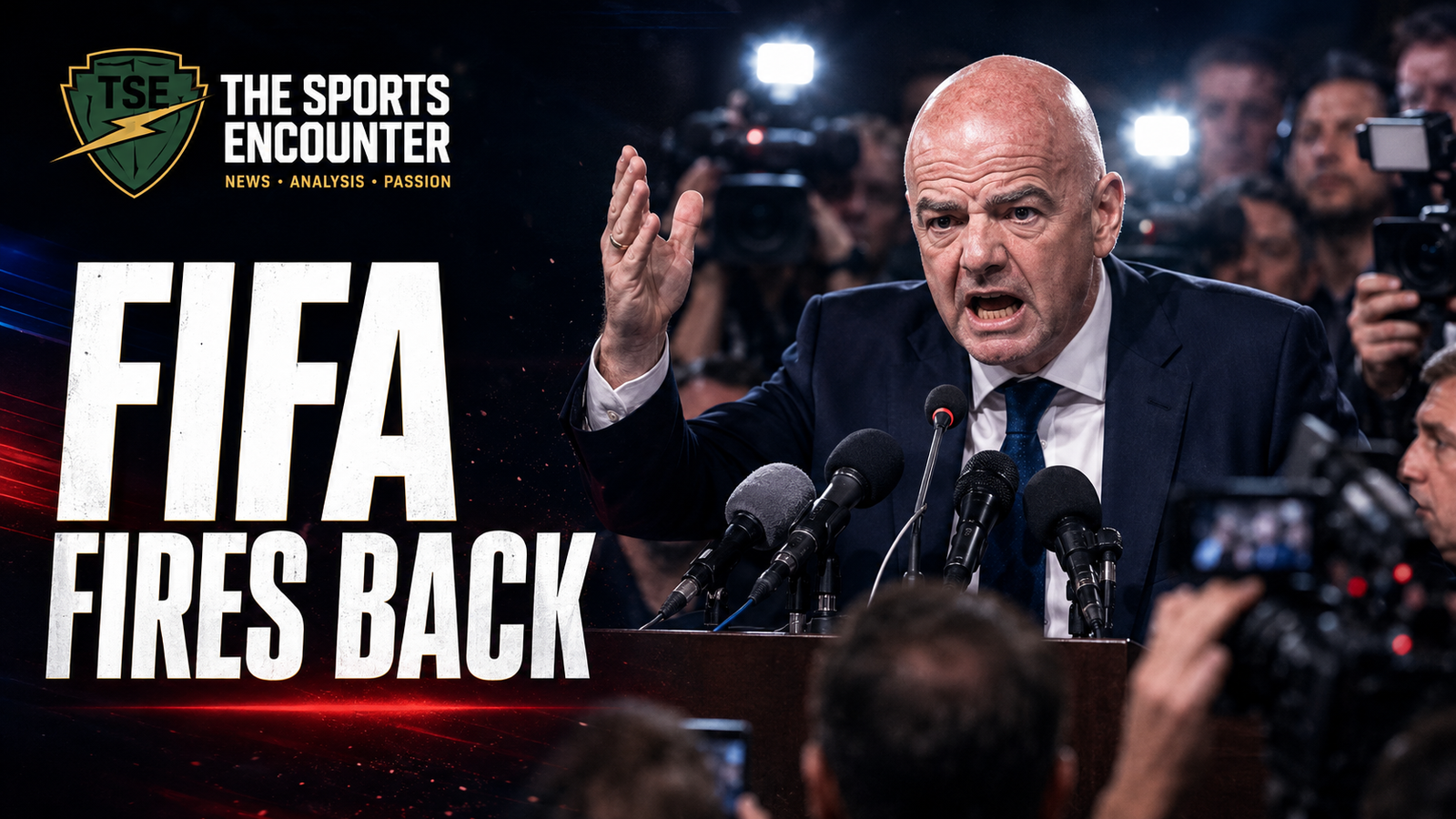 Gianni Infantino angrily addresses reporters at a tense press conference as cameras flash, alongside The Sports Encounter logo and the headline “FIFA Fires Back.”