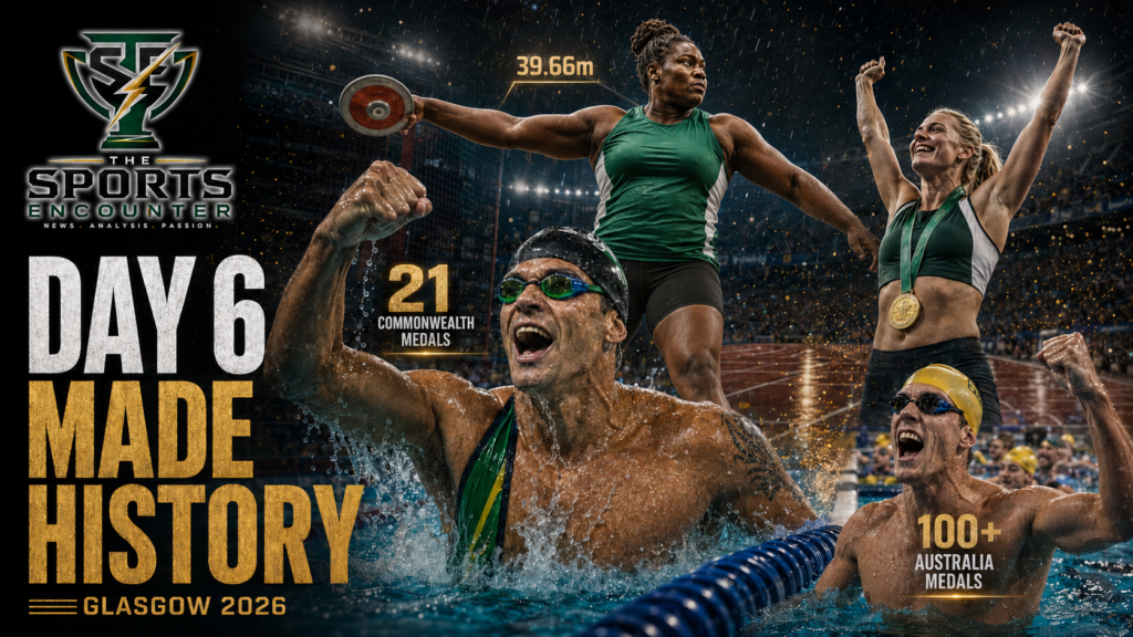 Chad le Clos, Goodness Nwachukwu, Kate O’Connor, and Australian athletes celebrate their historic Commonwealth Games achievements in a cinematic Glasgow 2026 Day 6 montage.