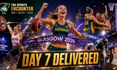 Glasgow 2026 Day 7 highlights featuring Rose Davies celebrating, Emily Campbell lifting, Australian netball players embracing, and track cyclists racing under the headline “Day 7 Delivered.”