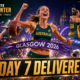 Glasgow 2026 Day 7 highlights featuring Rose Davies celebrating, Emily Campbell lifting, Australian netball players embracing, and track cyclists racing under the headline “Day 7 Delivered.”