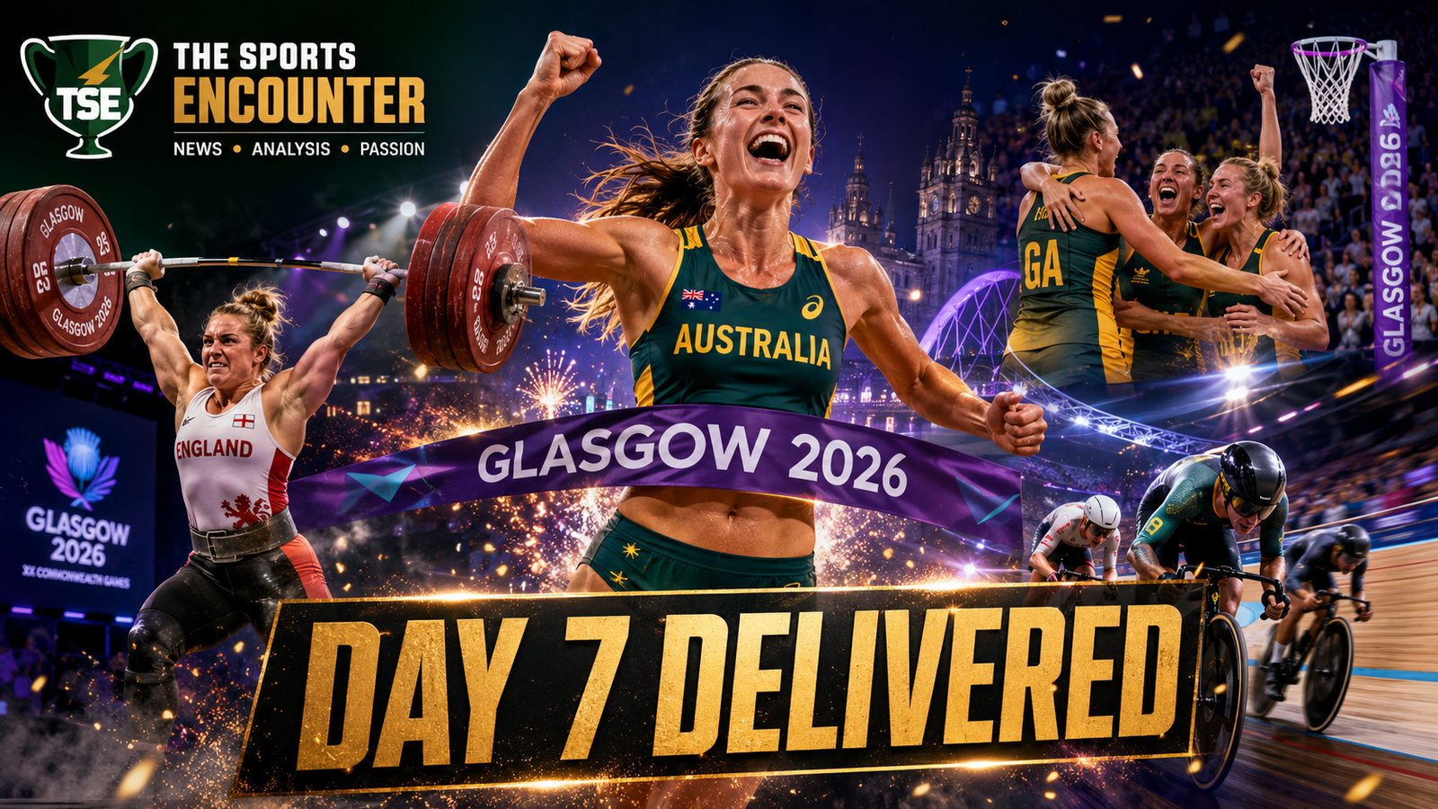 Glasgow 2026 Day 7 highlights featuring Rose Davies celebrating, Emily Campbell lifting, Australian netball players embracing, and track cyclists racing under the headline “Day 7 Delivered.”