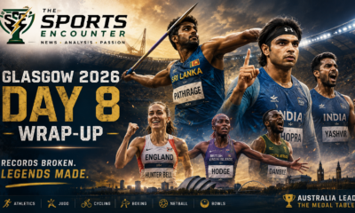 Cinematic Glasgow 2026 Day 8 wrap-up graphic featuring Sri Lanka's Rumesh Tharanga Pathirage celebrating his record-breaking javelin gold alongside Neeraj Chopra, Yashvir Singh, Georgia Hunter Bell, Adaejah Hodge, and Sinesipho Dambile, with a dramatic stadium backdrop, Glasgow skyline, and The Sports Encounter's official logo.