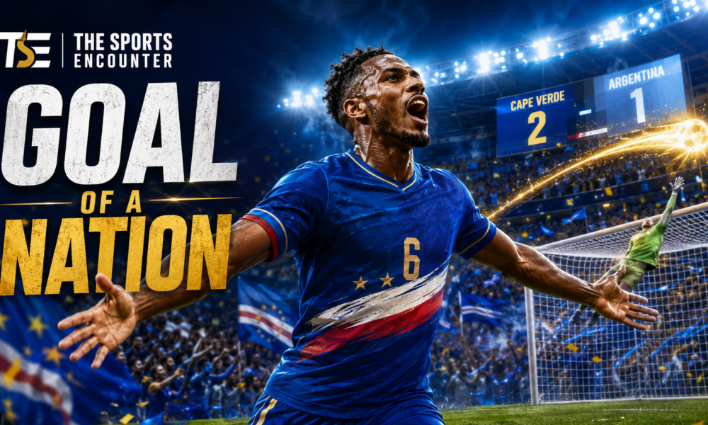 VFX cinematic featured image showing Cape Verde’s Sidny Lopes Cabral-inspired footballer celebrating a dramatic long-range goal against Argentina, with The Sports Encounter logo and the headline “Goal of a Nation.”