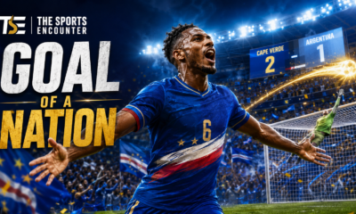 VFX cinematic featured image showing Cape Verde’s Sidny Lopes Cabral-inspired footballer celebrating a dramatic long-range goal against Argentina, with The Sports Encounter logo and the headline “Goal of a Nation.”