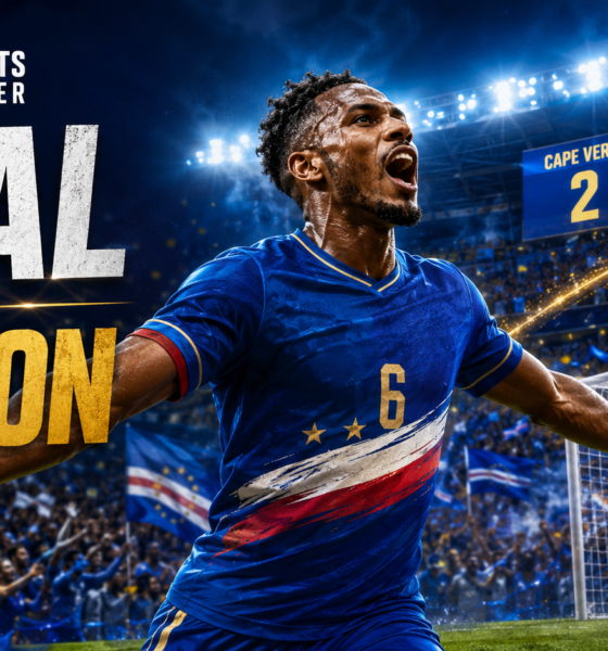 VFX cinematic featured image showing Cape Verde’s Sidny Lopes Cabral-inspired footballer celebrating a dramatic long-range goal against Argentina, with The Sports Encounter logo and the headline “Goal of a Nation.”