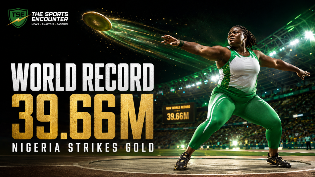 Goodness Nwachukwu celebrates after setting a women’s F42 discus world record of 39.66 meters and winning gold for Nigeria at the Glasgow 2026 Commonwealth Games.