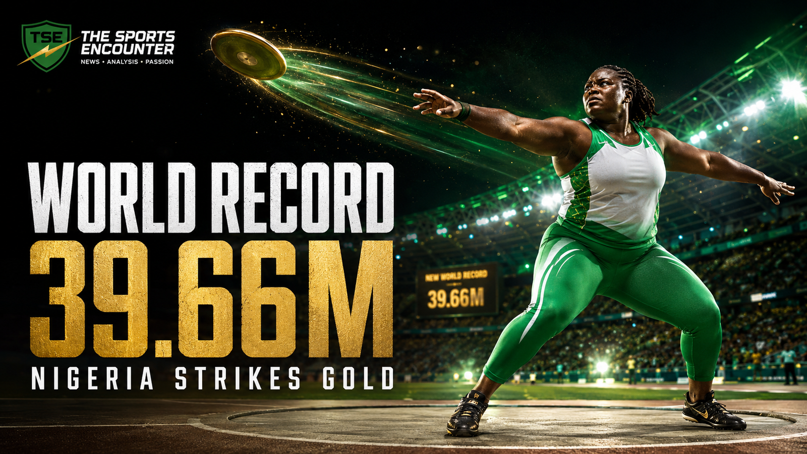 Goodness Nwachukwu celebrates after setting a women’s F42 discus world record of 39.66 meters and winning gold for Nigeria at the Glasgow 2026 Commonwealth Games.