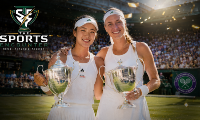 Guo Hanyu and Kristina Mladenovic celebrate with their Wimbledon women’s doubles trophies after defeating Gabriela Dabrowski and Luisa Stefani in the 2026 final.