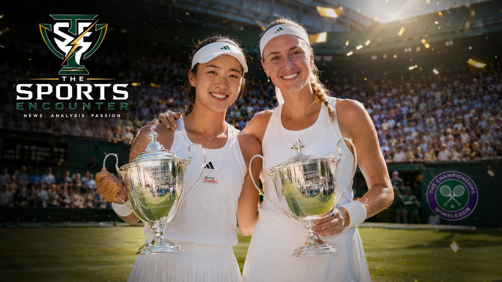Guo Hanyu and Kristina Mladenovic celebrate with their Wimbledon women’s doubles trophies after defeating Gabriela Dabrowski and Luisa Stefani in the 2026 final.