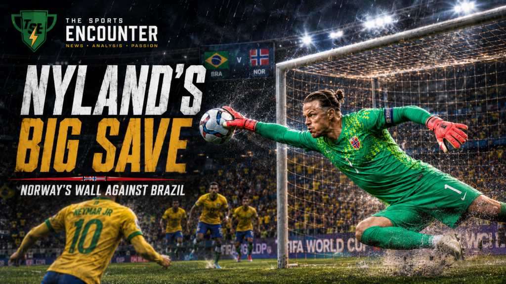 Ørjan Nyland dives in a green Norway goalkeeper kit to save a penalty from a Brazilian player during the FIFA World Cup 2026 knockout match.