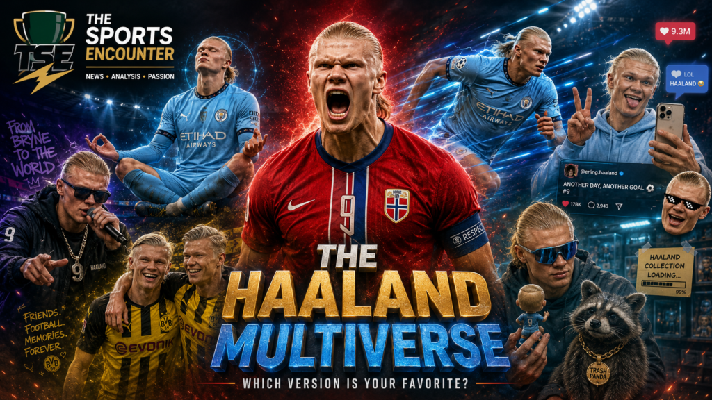Multiple versions of Erling Haaland appear in a cinematic World Cup collage, including the Norway striker, teenage rapper, meme figure, Dortmund teammate, and raccoon collector.
