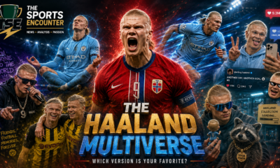Multiple versions of Erling Haaland appear in a cinematic World Cup collage, including the Norway striker, teenage rapper, meme figure, Dortmund teammate, and raccoon collector.