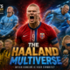 Multiple versions of Erling Haaland appear in a cinematic World Cup collage, including the Norway striker, teenage rapper, meme figure, Dortmund teammate, and raccoon collector.