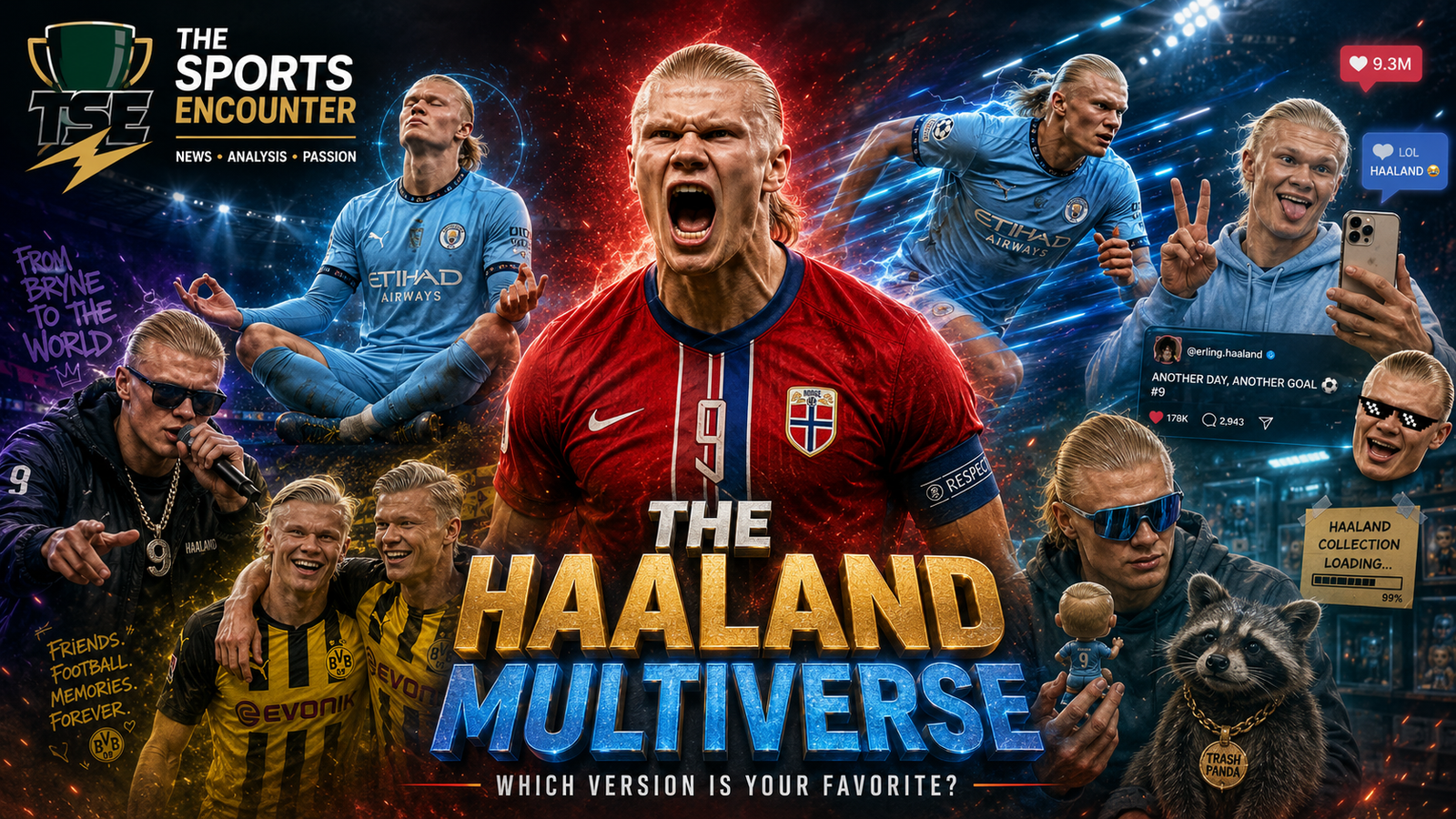 Multiple versions of Erling Haaland appear in a cinematic World Cup collage, including the Norway striker, teenage rapper, meme figure, Dortmund teammate, and raccoon collector.