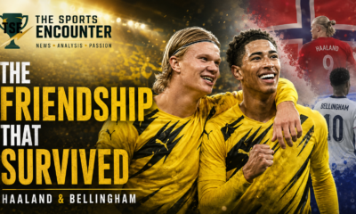 Erling Haaland and Jude Bellingham celebrate together in yellow-and-black kits, with Norway and England imagery showing how their friendship survived Dortmund and World Cup rivalry.