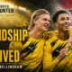 Erling Haaland and Jude Bellingham celebrate together in yellow-and-black kits, with Norway and England imagery showing how their friendship survived Dortmund and World Cup rivalry.