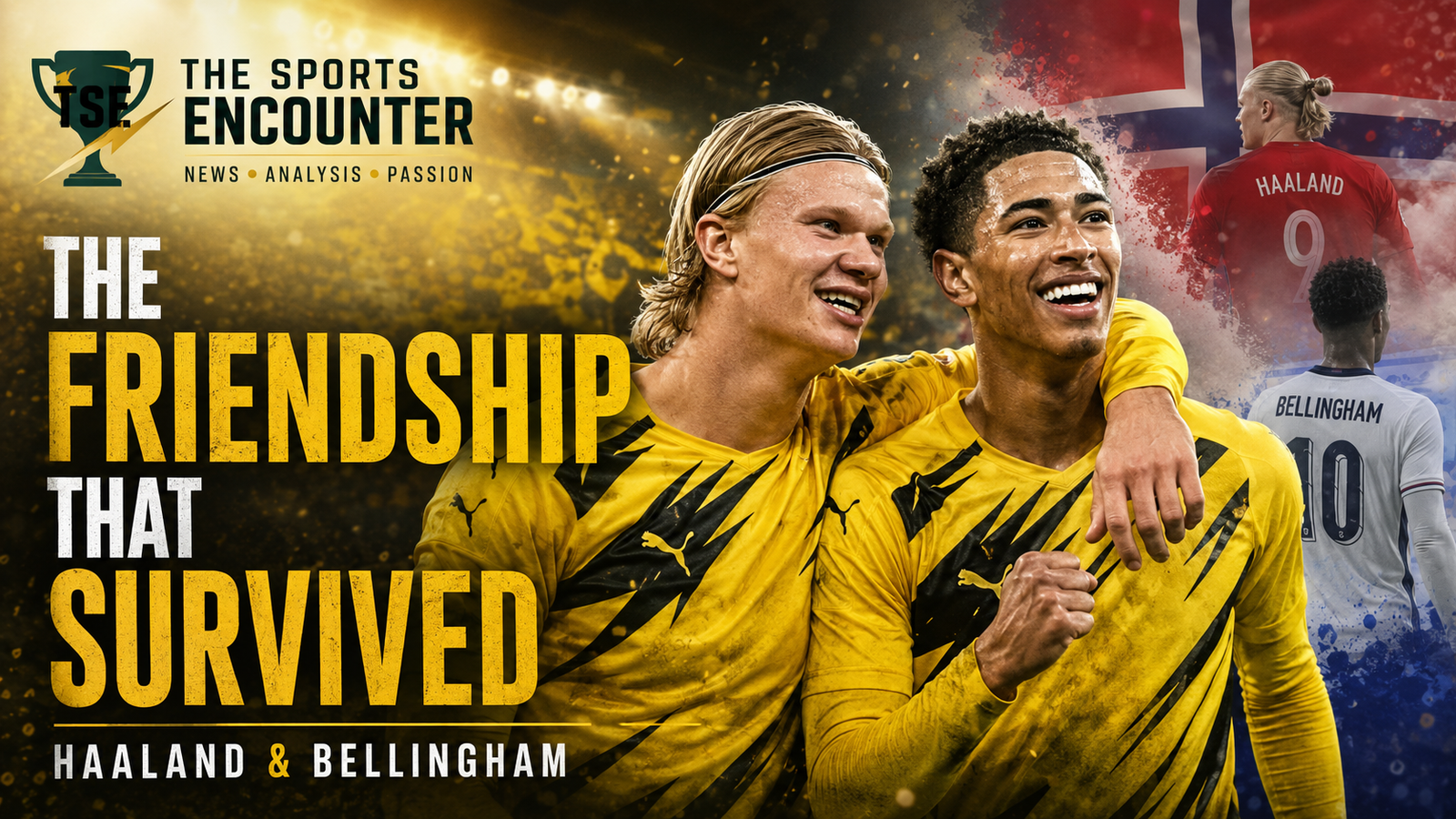 Erling Haaland and Jude Bellingham celebrate together in yellow-and-black kits, with Norway and England imagery showing how their friendship survived Dortmund and World Cup rivalry.