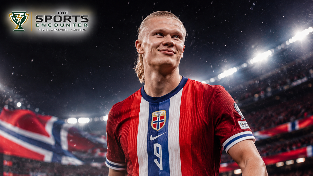 Erling Haaland-inspired Norway striker smiles calmly in a cinematic World Cup 2026 stadium scene with Norway colors and The Sports Encounter logo.