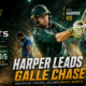 Sam Harper plays a dominant attacking shot for Galle Gallants as Sahan Arachchige appears in support and a dejected Colombo Kaps player stands in the background during Galle’s five-wicket win in LPL 2026 Match 3 at SSC Colombo.
