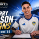 Harry Wilson signs a Leeds United contract in a dramatic blue-and-white transfer announcement graphic, with Elland Road in the background and The Sports Encounter logo at the top-left.