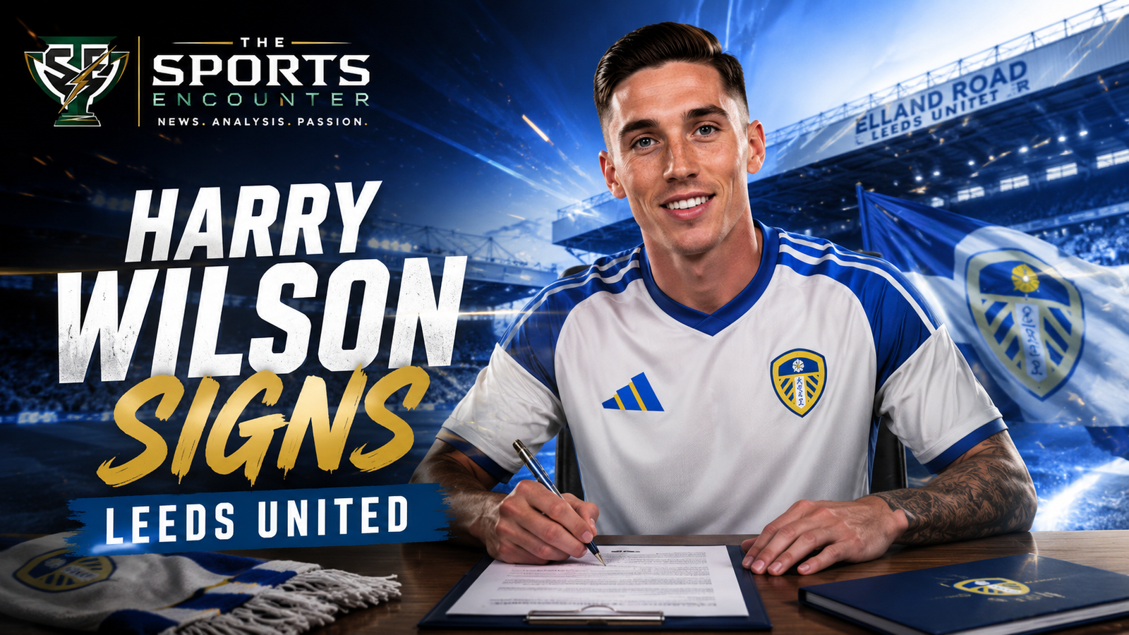 Harry Wilson signs a Leeds United contract in a dramatic blue-and-white transfer announcement graphic, with Elland Road in the background and The Sports Encounter logo at the top-left.