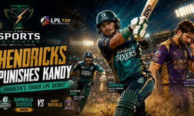 Reeza Hendricks plays an attacking shot for Dambulla Sixers as Shaheen Shah Afridi reacts during Kandy Royals’ 18-run defeat in the second match of the Lanka Premier League 2026.