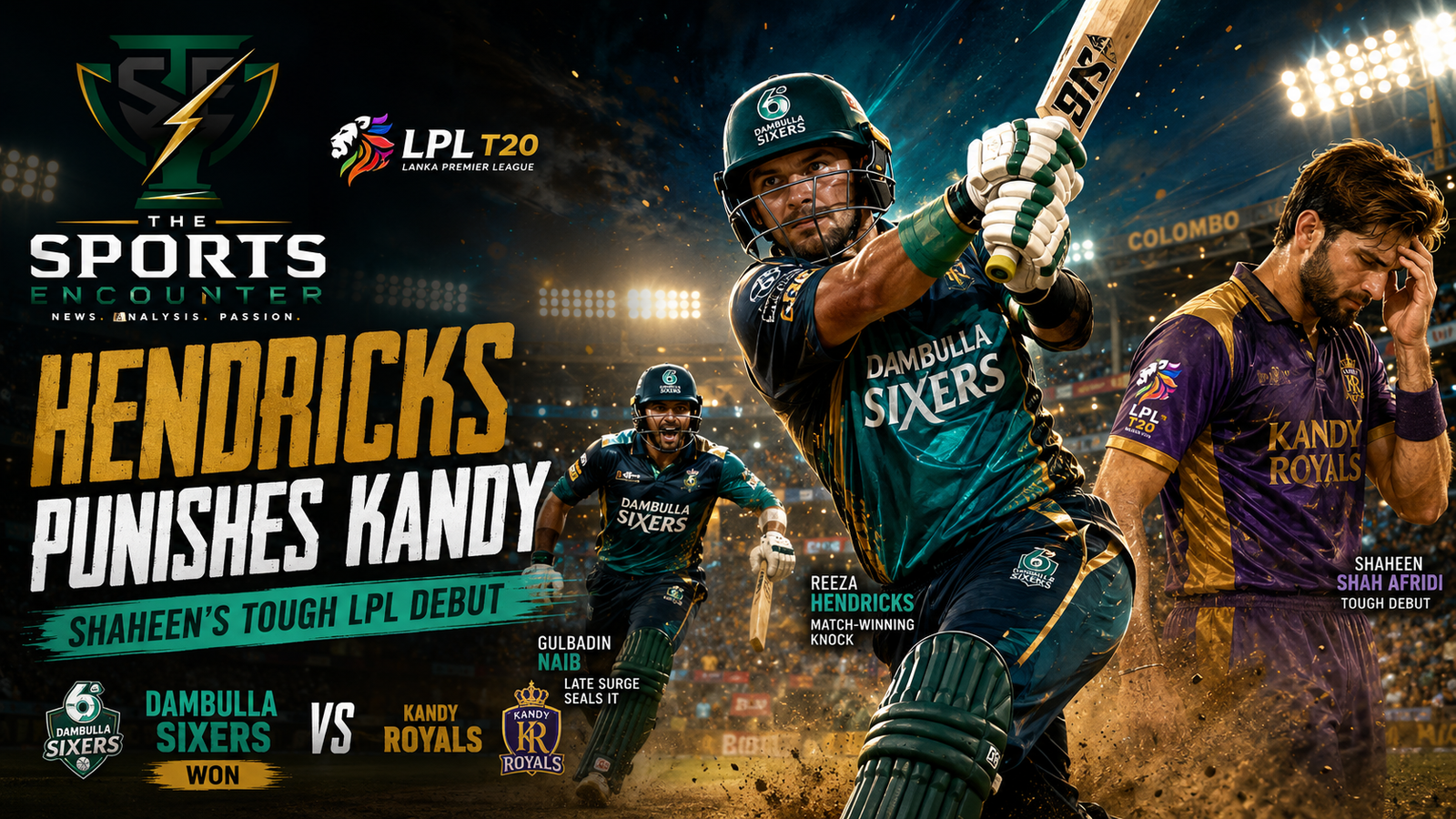 Reeza Hendricks plays an attacking shot for Dambulla Sixers as Shaheen Shah Afridi reacts during Kandy Royals’ 18-run defeat in the second match of the Lanka Premier League 2026.