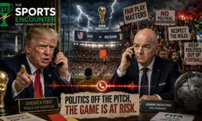 Donald Trump speaks on the phone with FIFA President Gianni Infantino as soccer fans protest political interference before the USA vs Belgium World Cup clash.