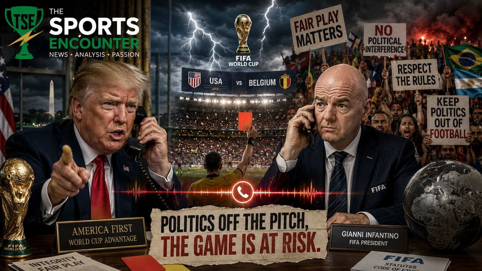 Donald Trump speaks on the phone with FIFA President Gianni Infantino as soccer fans protest political interference before the USA vs Belgium World Cup clash.