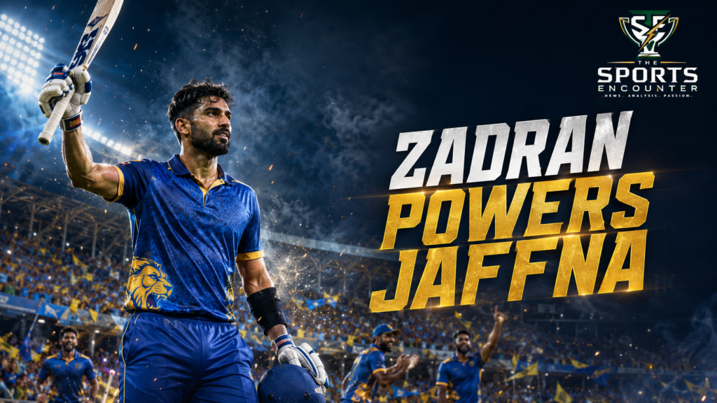 Ibrahim Zadran celebrates during his 95-run innings as Jaffna Kings defeat Colombo Kaps by 19 runs in LPL 2026 Match 15.