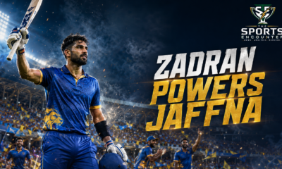 Ibrahim Zadran celebrates during his 95-run innings as Jaffna Kings defeat Colombo Kaps by 19 runs in LPL 2026 Match 15.